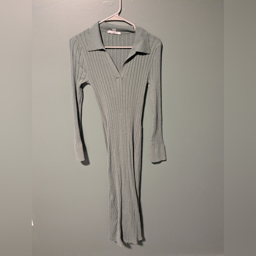 Lucky Brand Ribbed Collared Long Sleeve Maxi Dress - Sage
